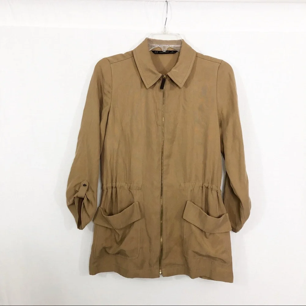 Zara Military Style Oversized Front Zip Utility Jacket, Size XS, Tan